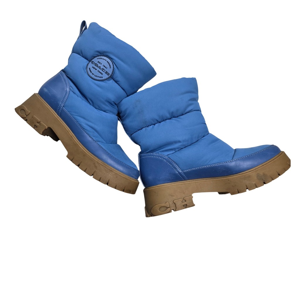 Coach Puffer Snow Boots Women Blue Leather Nylon Platform Lug Sole Good - Picture 1 of 9